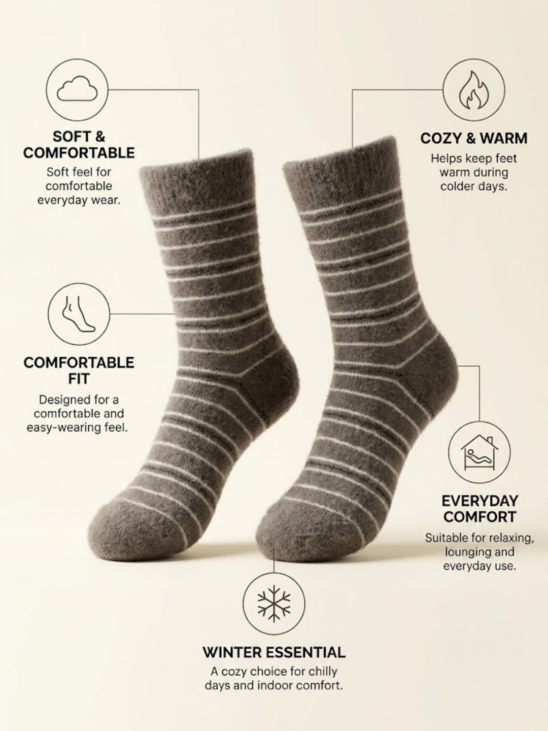 Cdeck Men’s Hair Wool Winter Socks | Single Pair | Soft, Warm, Fuzzy & Stretchable | Comfortable Daily Wear | Brown Striped