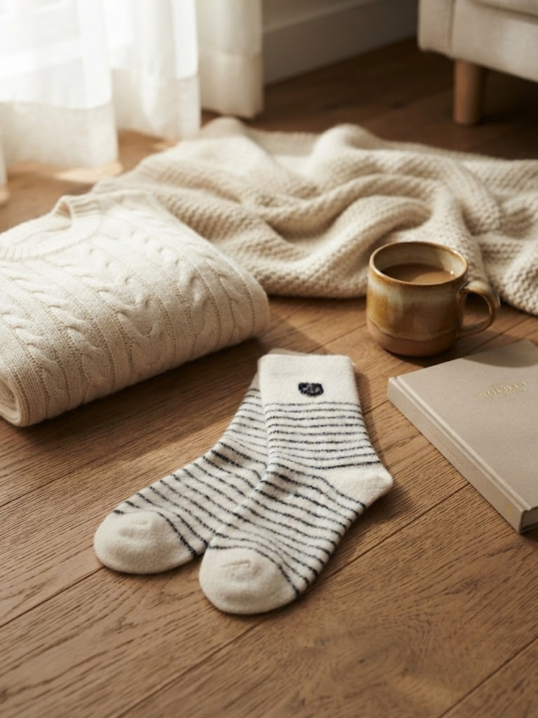 Cdeck Men’s Soft Wool Socks | Warm Cream Striped Cozy Socks