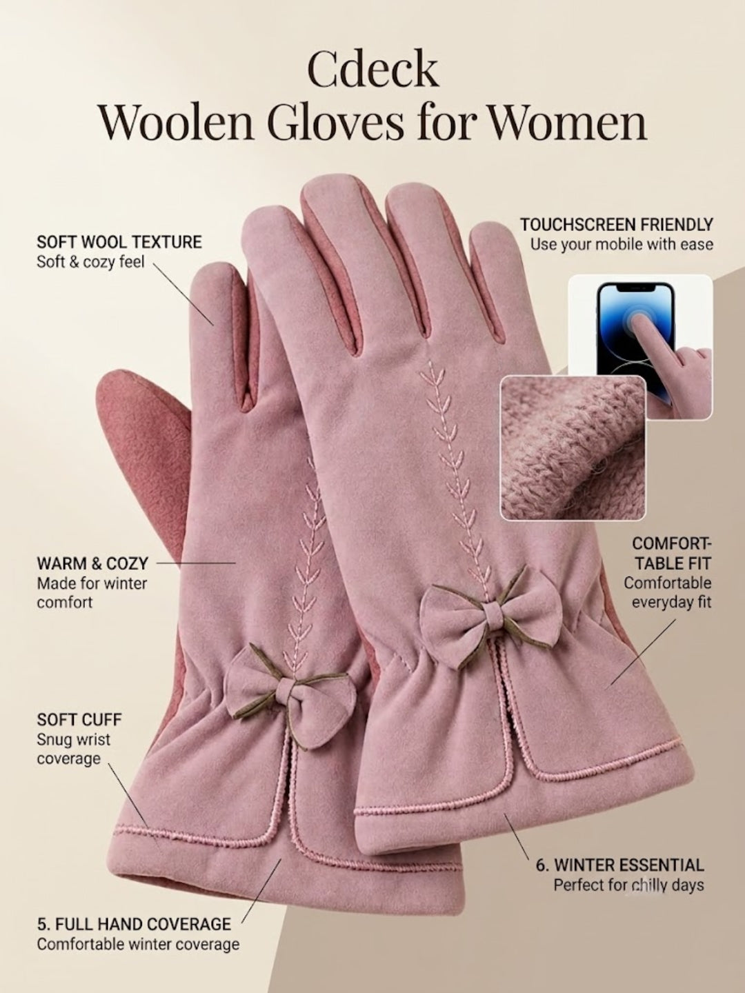 Cdeck Women’s Woolen Gloves | Warm & Stylish Winter Gloves | Screen Friendly | Full Finger | Free Size | Pink