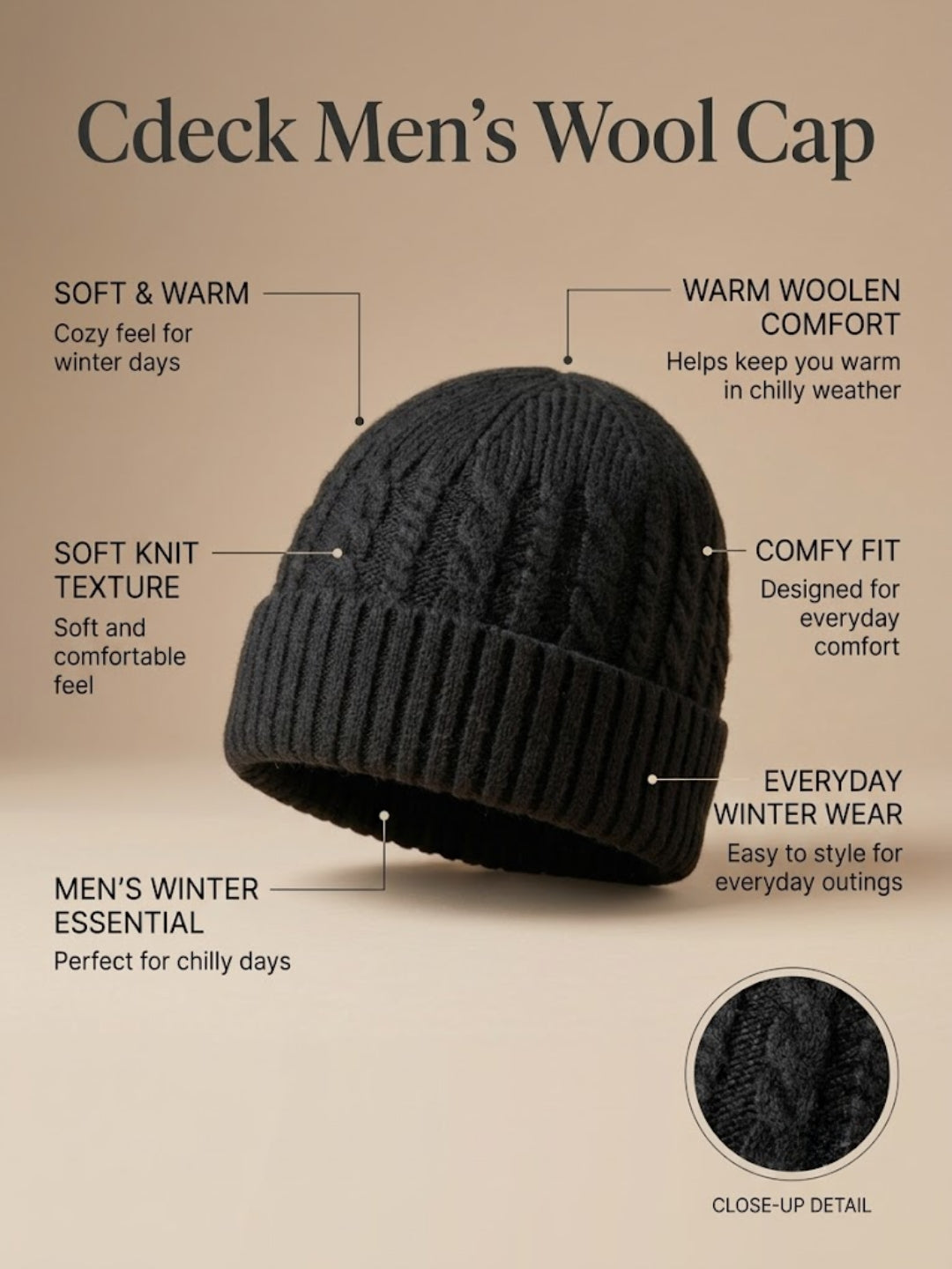 Cdeck Men’s Winter Woolen Cap | Ribbed Knit Beanie | Free Size | Soft & Warm | Black