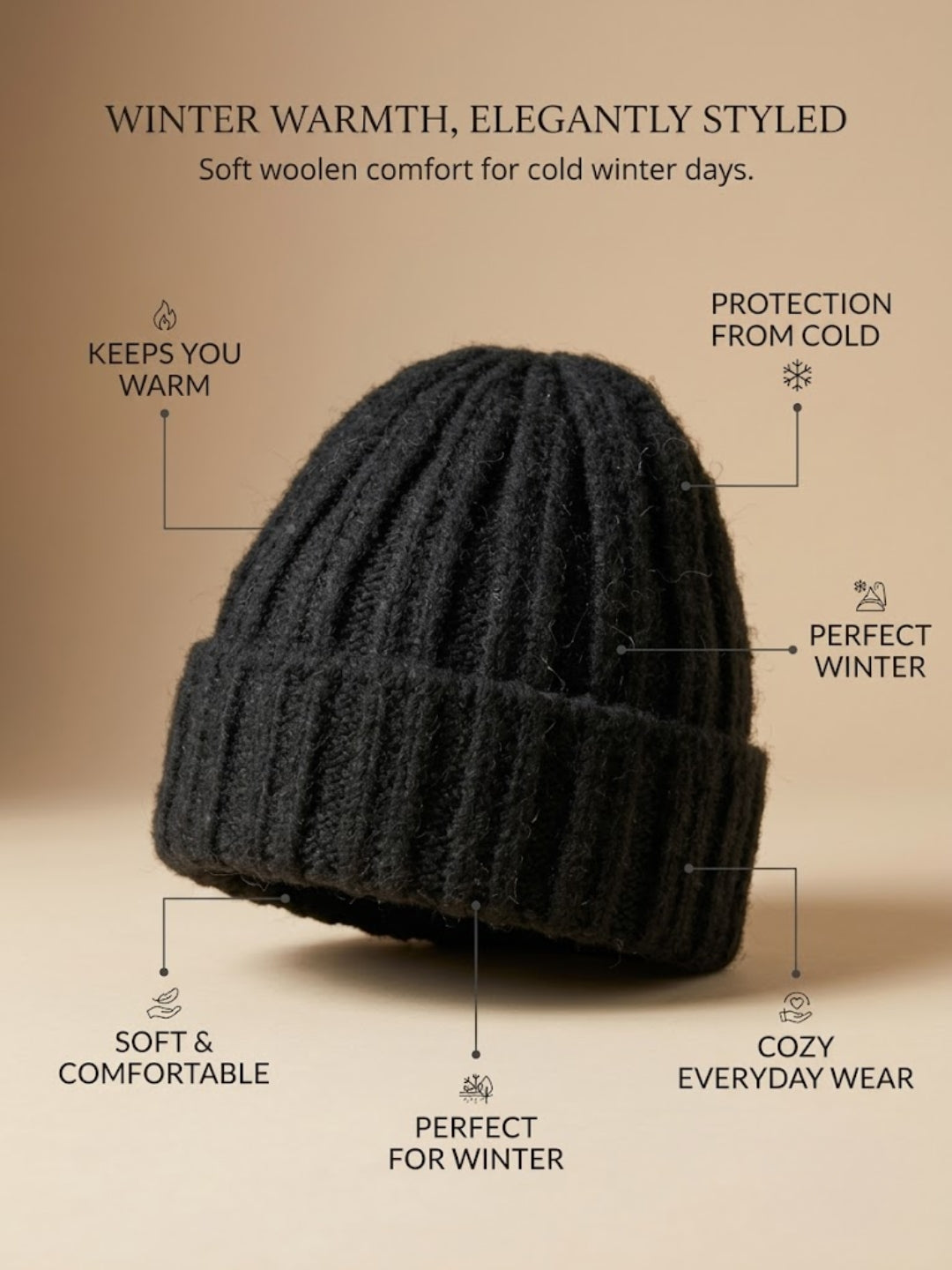 Cdeck Women Woolen Cap | Soft Knitted Winter Beanie for Women | Warm & Stylish Winter Wear | Free Size| Black