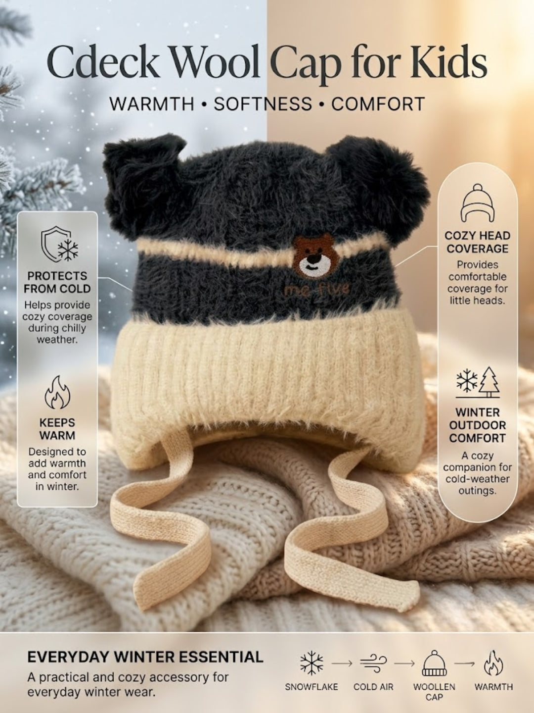 Cdeck Kids Woolen Winter Cap for Boys & Girls | Warm & Comfortable Winter Wear | 2–4 Years| Black