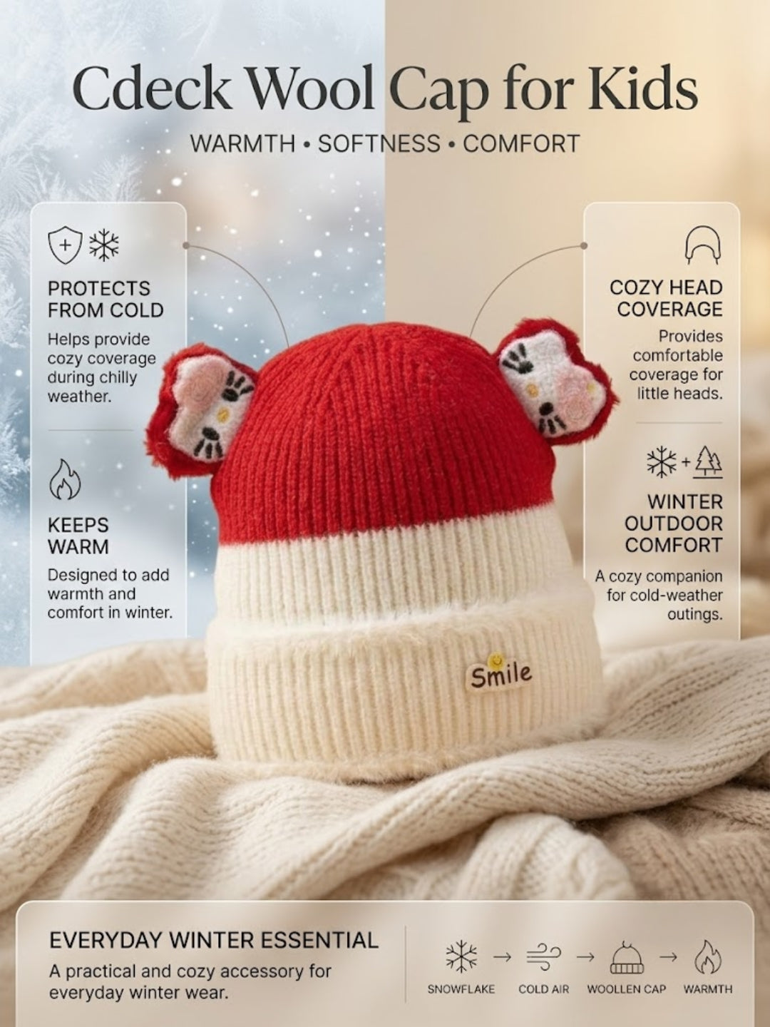 Cdeck Kids Woolen Winter Cap for Boys & Girls | Warm & Comfortable Winter Wear | 2–4 Years |Red
