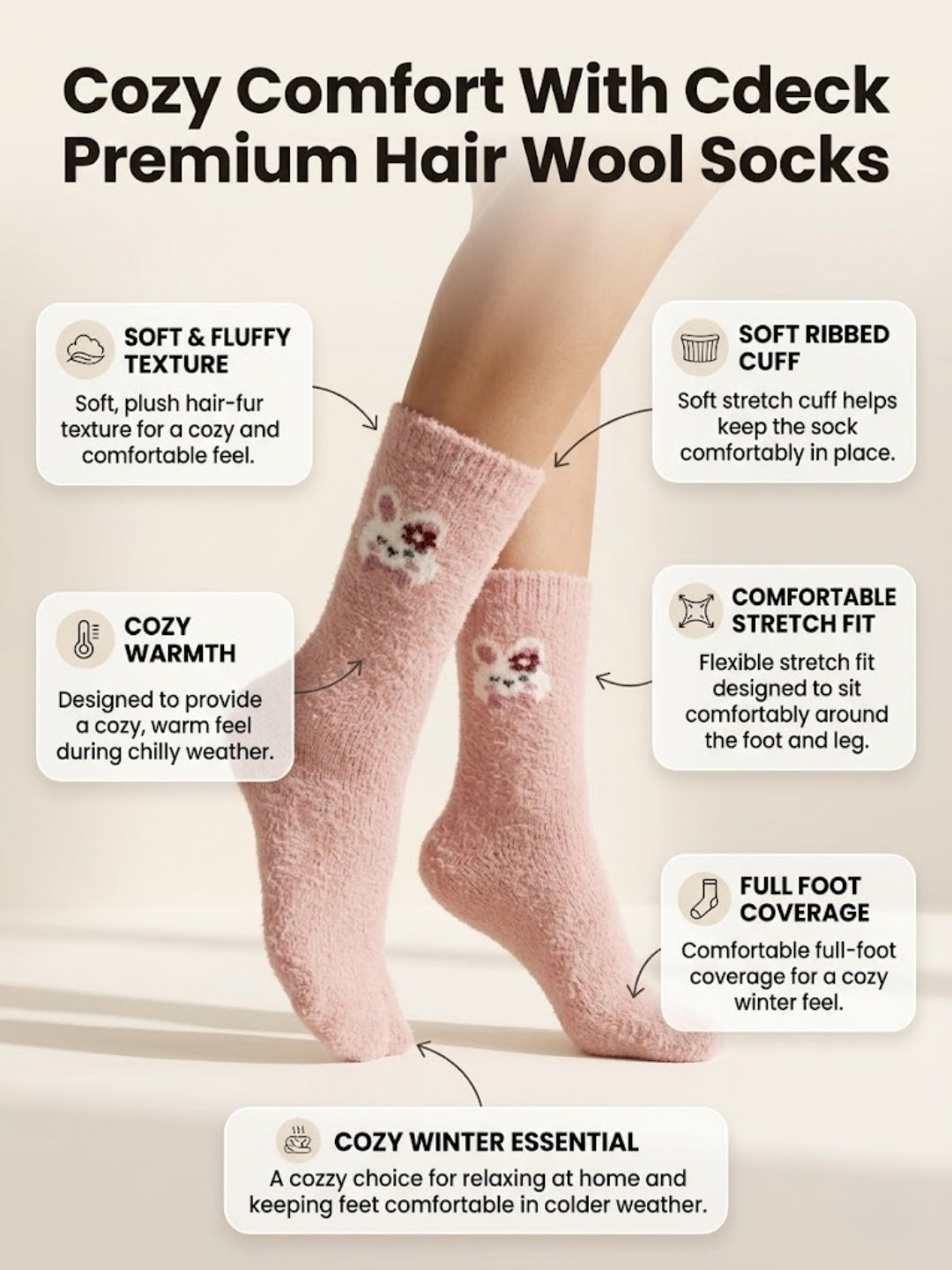 Cdeck Women’s Premium Soft Fuzzy Bear Design Warm Winter Split-Toe Socks for Women | Free Size | Pink