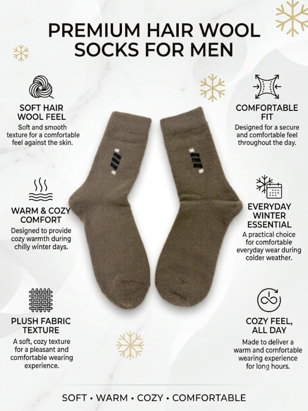 Cdeck Men’s Premium Hair Wool Winter Socks  | Soft, Fuzzy, Warm & Comfortable | Brown | Free Size