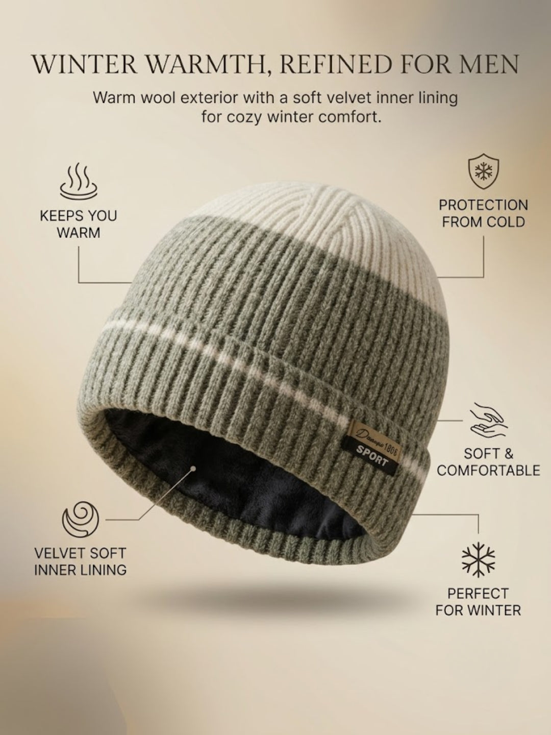 Cdeck Men’s Winter Woolen Cap | Ribbed Knit Beanie | Free Size | Soft & Warm | Green