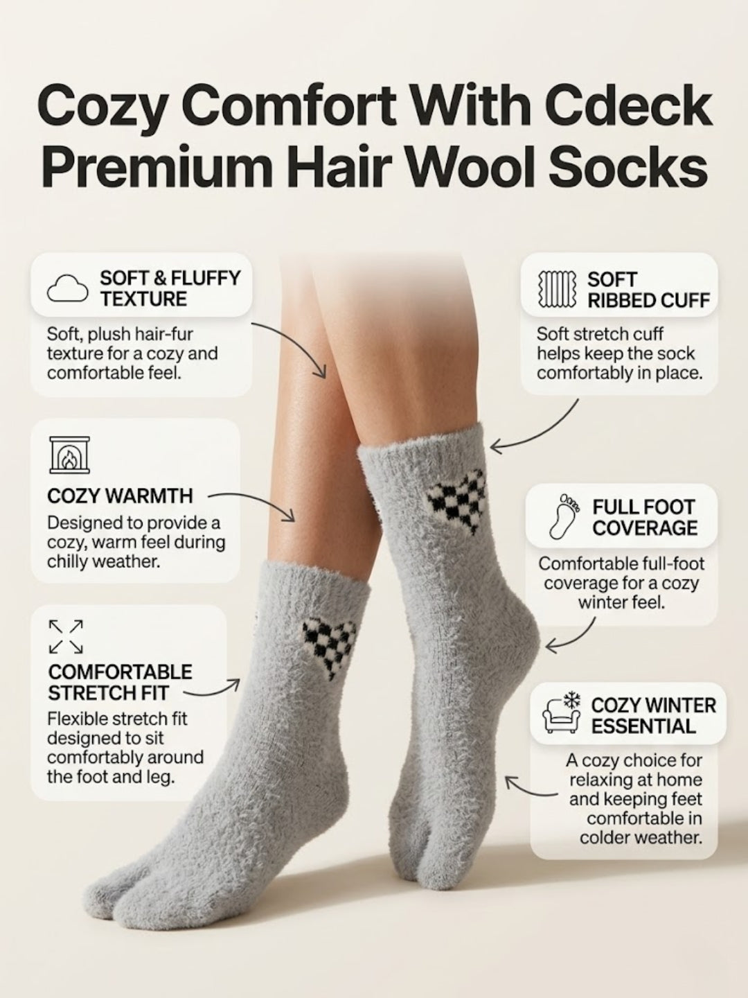 Cdeck Women’s Premium Fuzzy Split-Toe Socks – Cute Bunny Design | Warm Winter Socks | Free Size | Grey
