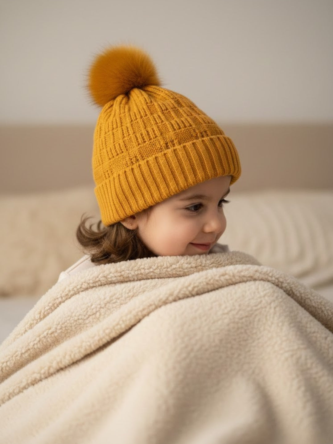 Cdeck Unisex Cable Knit Woolen Winter Beanie Cap with Pom Pom | Soft & Warm | 2–4 Years
