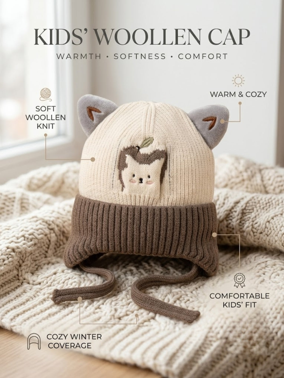 Cdeck Kids Woolen Winter Cap for Boys & Girls | Warm & Comfortable Winter Wear | 2–4 Years | Brown
