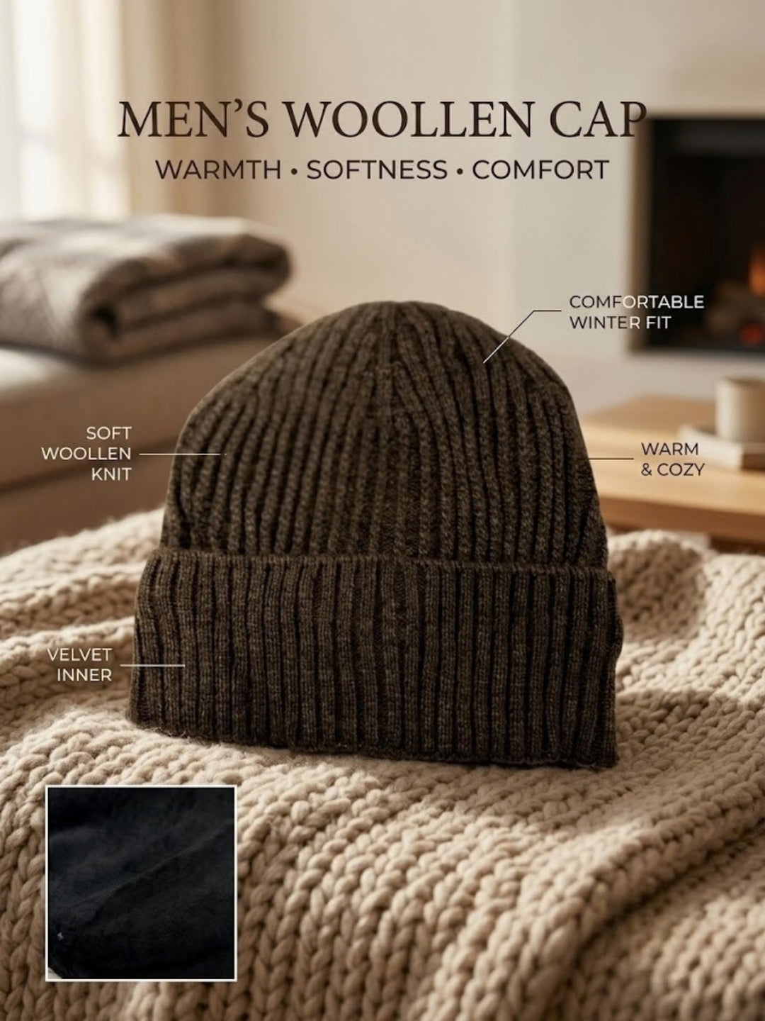 Cdeck Men’s Woolen Winter Cap | Soft, Warm & Comfortable Cap for Everyday Wear | Free Size  | Brown