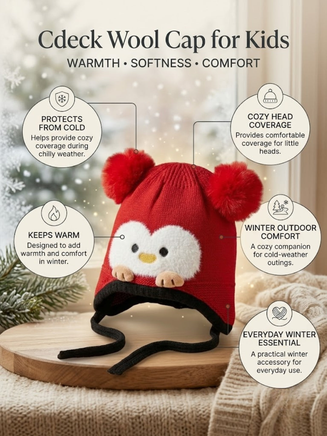 Cdeck Kids Woolen Winter Cap for Boys & Girls | Warm & Comfortable Winter Wear | 2–4 Years | Red