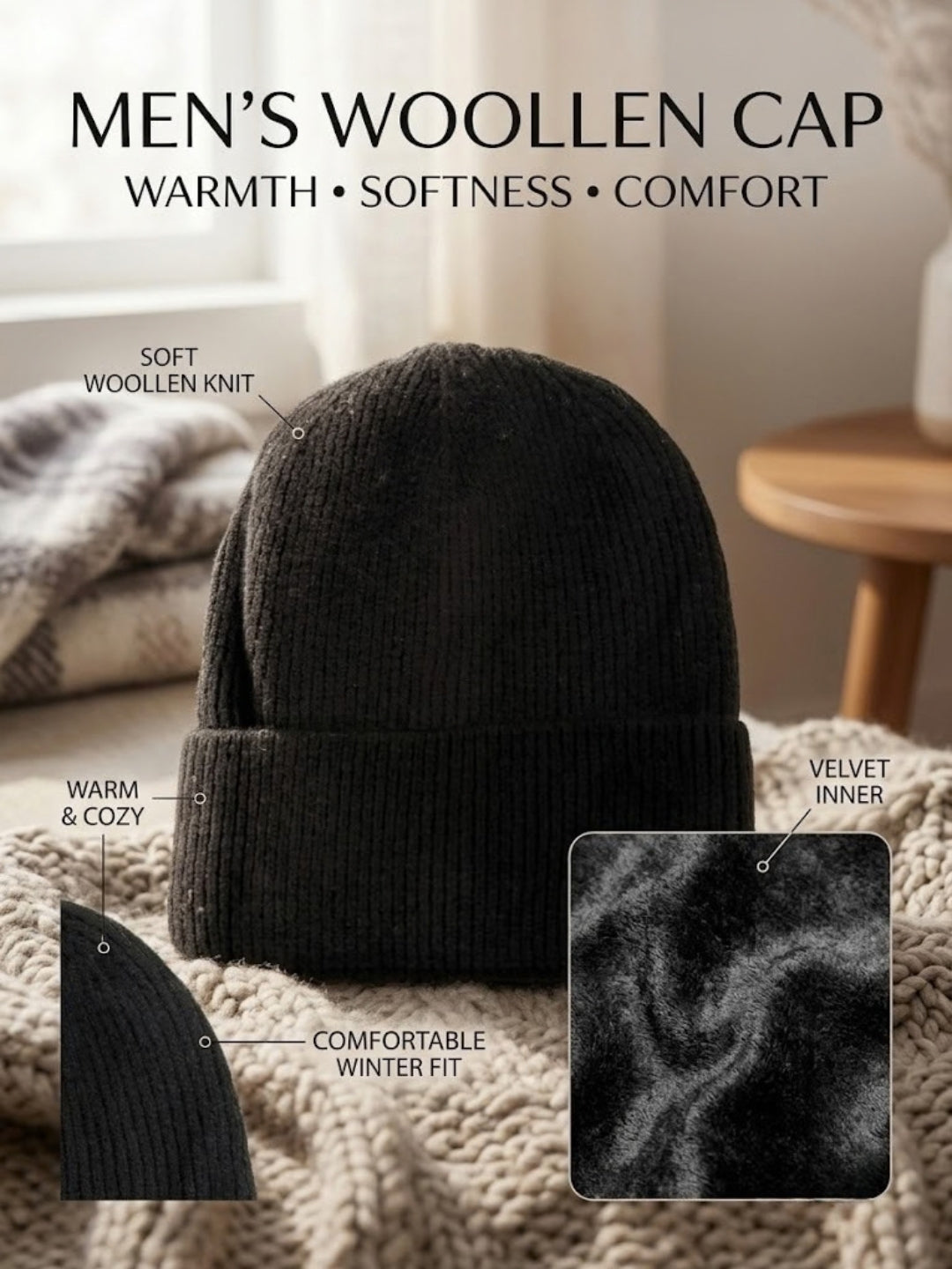Cdeck Men’s Woolen Winter Cap | Soft, Warm & Comfortable Cap for Everyday Wear | Free Size | Black