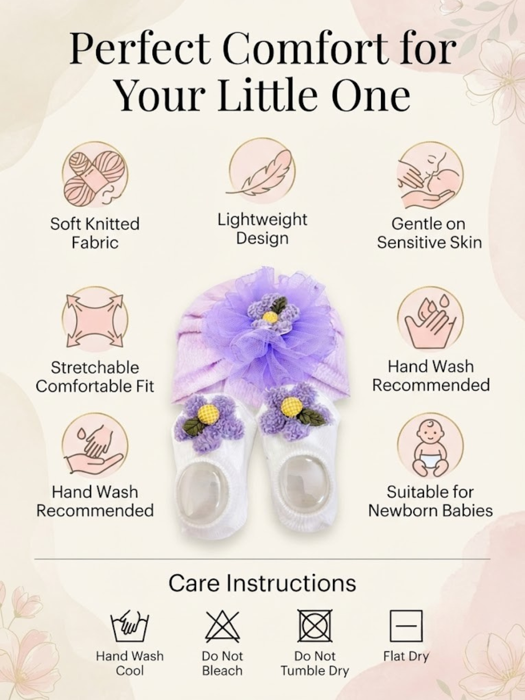 Cdeck Pure Cotton Socks and Cap Set for Baby | Soft Floral Design | Comfortable & Cute
