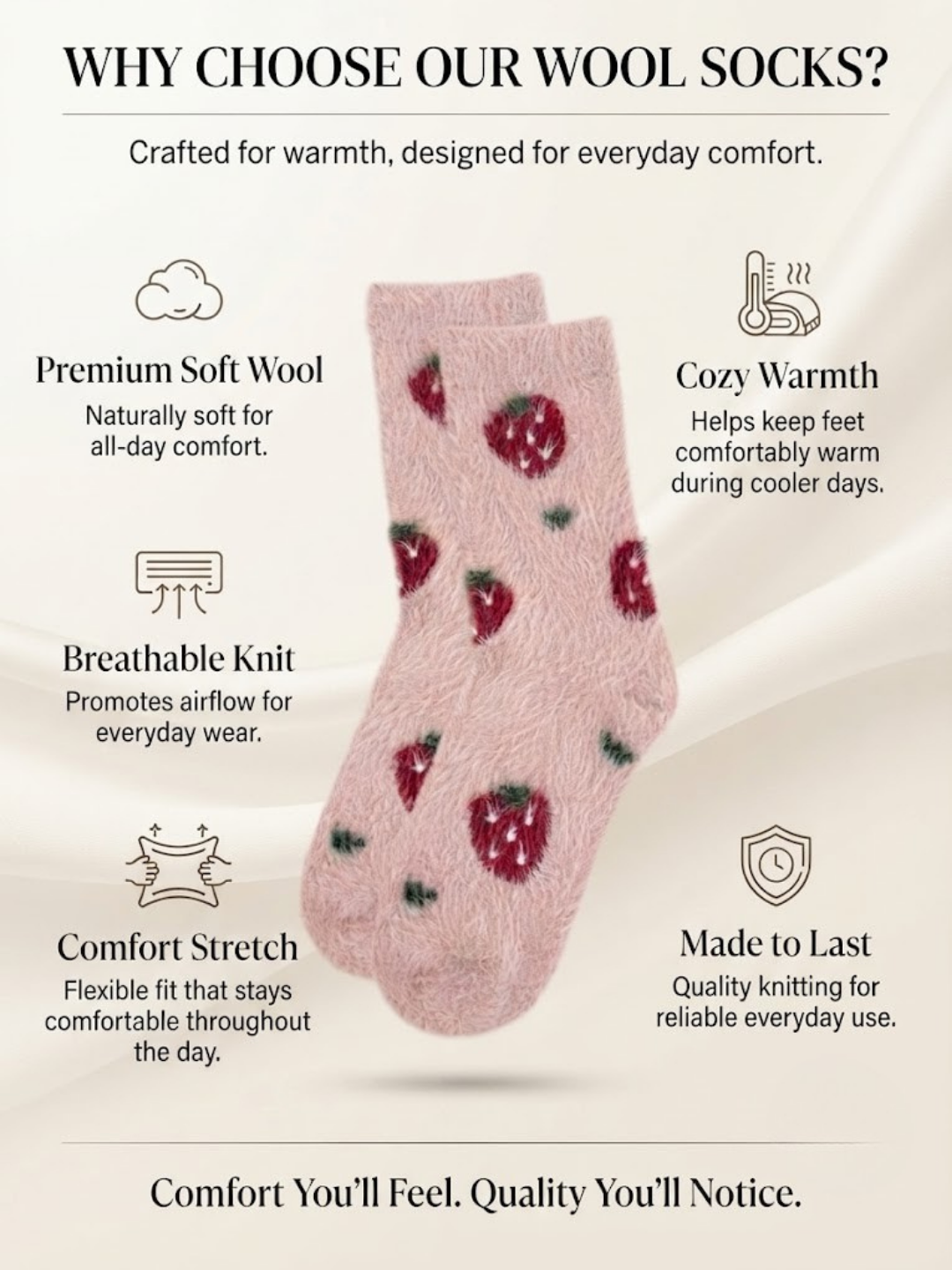 Cdeck Women’s Soft Wool Socks | Cozy Pink Strawberry Socks