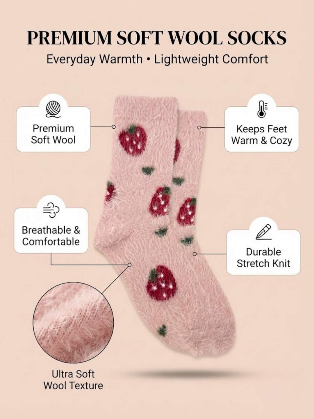 Cdeck Women’s Soft Wool Socks | Cozy Pink Strawberry Socks