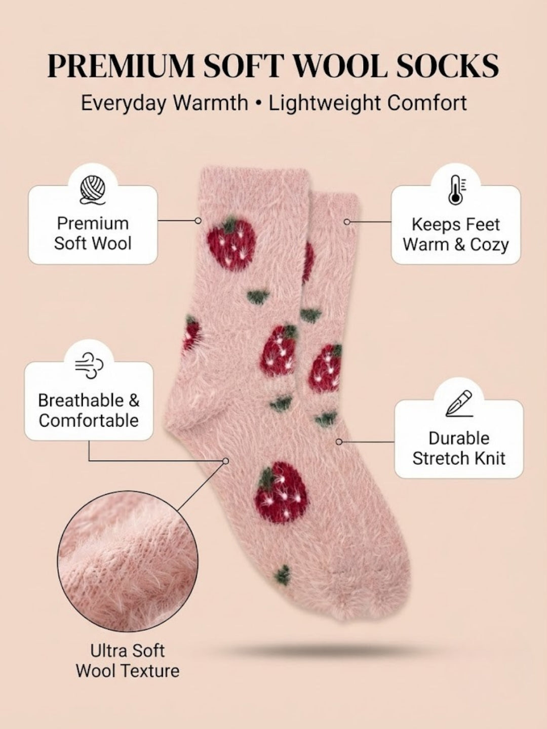 Cdeck Women’s Soft Wool Socks Combo | Pink Strawberry & Chevron Socks
