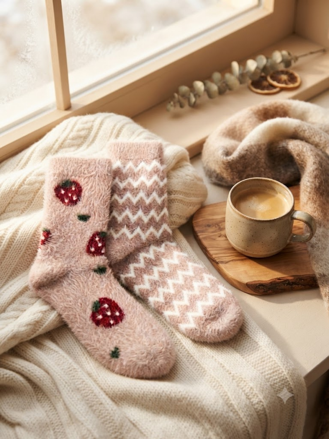 Cdeck Women’s Soft Wool Socks Combo | Pink Strawberry & Chevron Socks