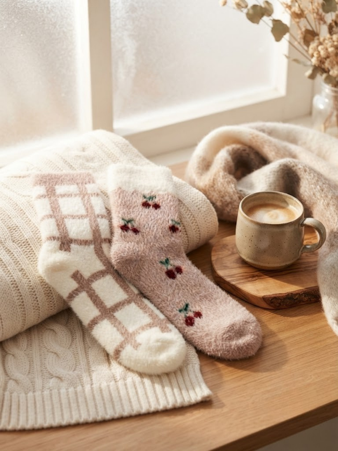 Cdeck Women’s Soft Wool Socks Combo | Pink Strawberry & Chevron Socks