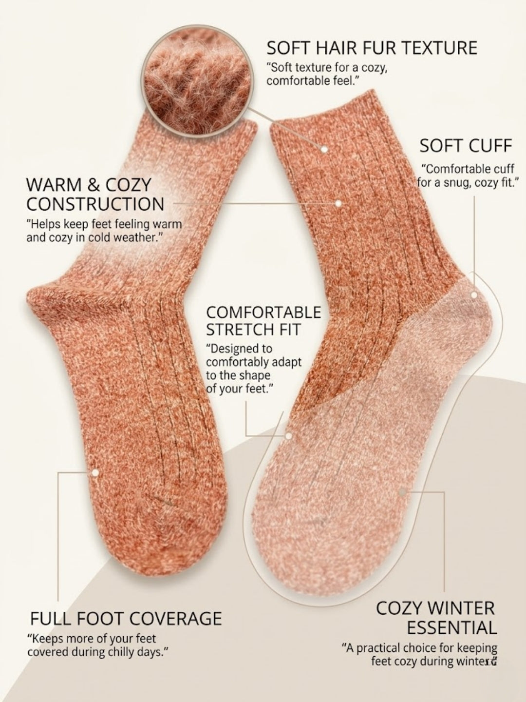Cdeck Women’s Premium Fuzzy Socks – Soft Warm Winter Socks | Ribbed Design | Free Size | Peach