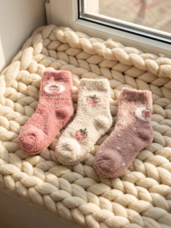 Cdeck Kids Fuzzy Socks | Soft Warm Winter Socks with Cute Fruit Design | Cozy Plush Socks for Boys & Girls | Pack of 3