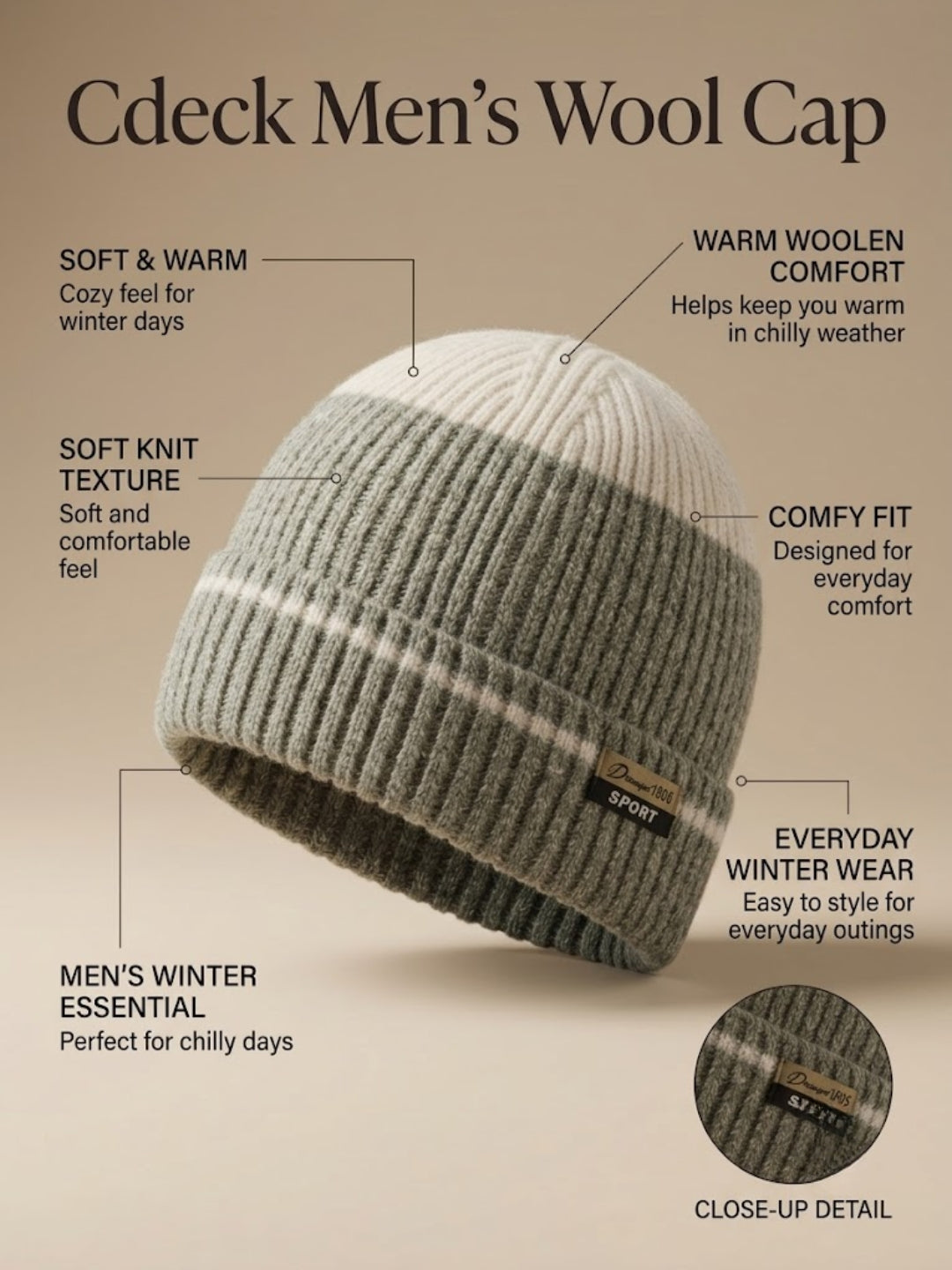 Cdeck Men’s Winter Woolen Cap | Ribbed Knit Beanie | Free Size | Soft & Warm | Green