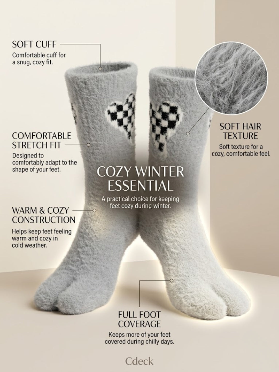 Cdeck Women’s Premium Fuzzy Split-Toe Socks – Cute Bunny Design | Warm Winter Socks | Free Size | Grey