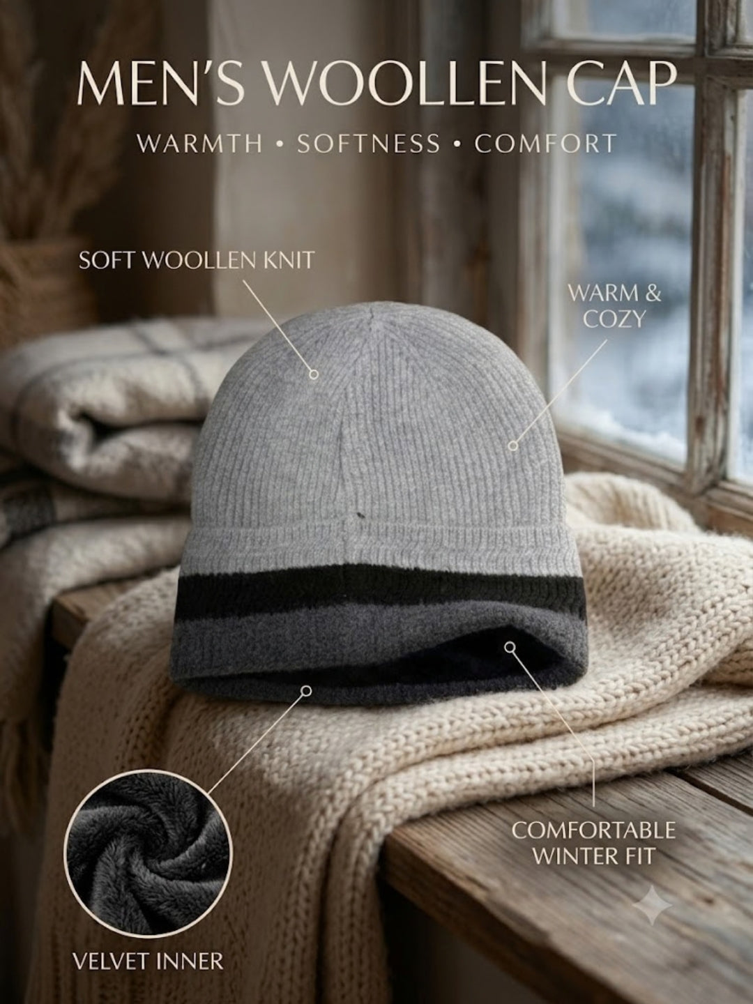Cdeck Men’s Woolen Winter Cap | Soft, Warm & Comfortable Cap for Everyday Wear | Free Size | Grey