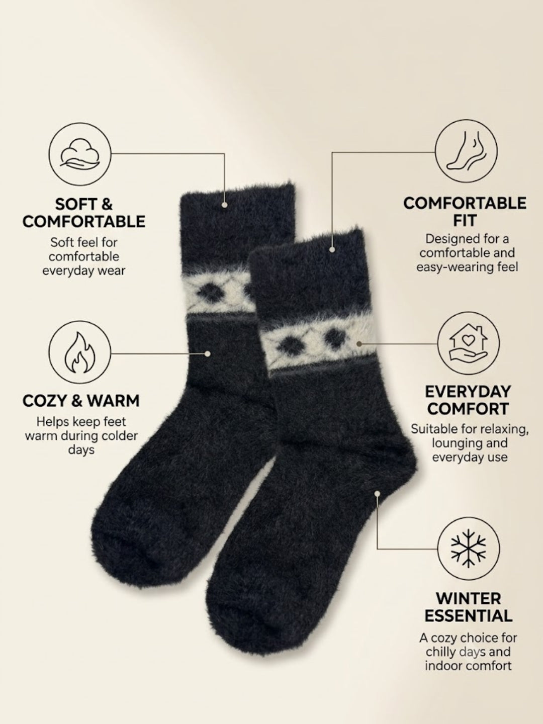 Cdeck Men’s Premium Hair Wool Winter Socks | Soft, Fuzzy, Warm & Comfortable Free Size | Black