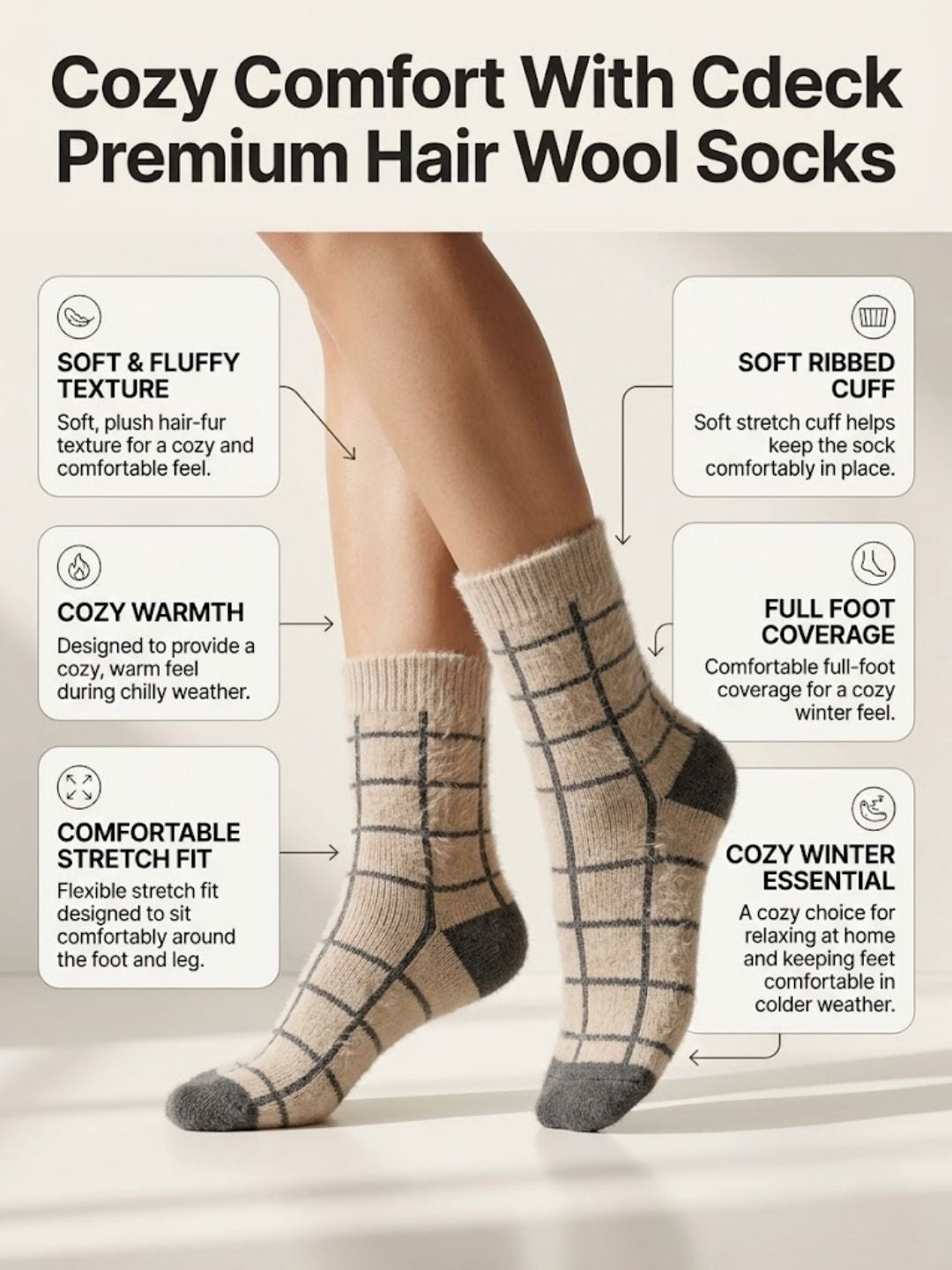 Cdeck Women’s Premium Hair Wool Fuzzy Socks | Soft & Warm Winter Socks | Beige & Brown