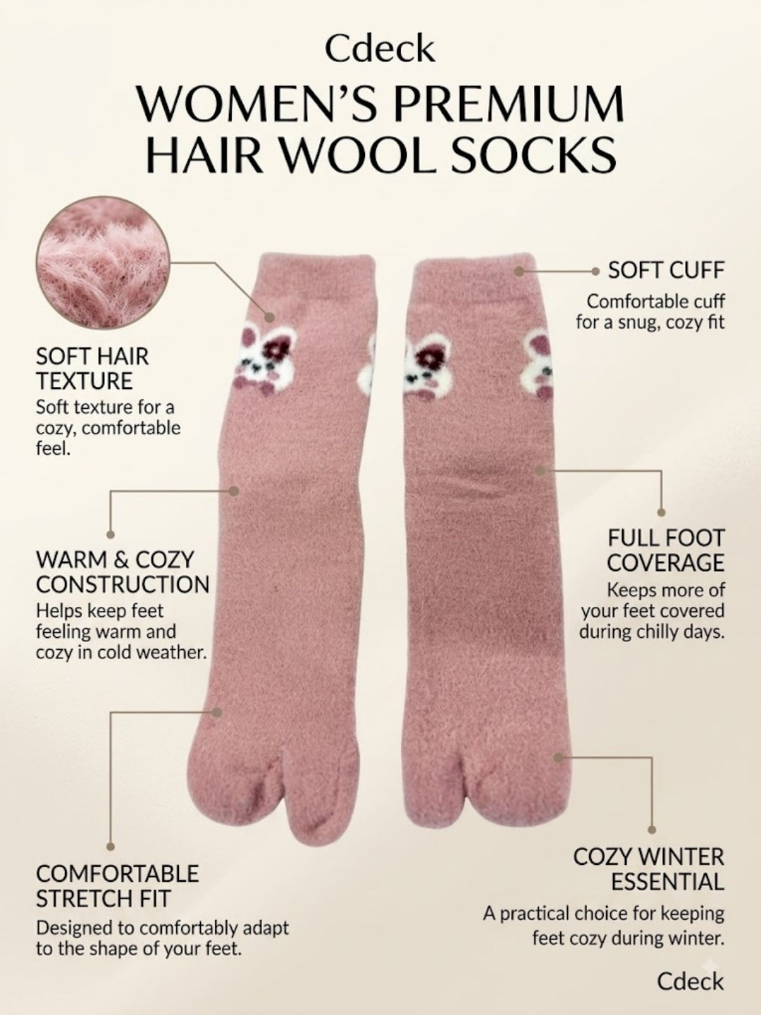 Cdeck Women’s Premium Soft Fuzzy Bear Design Warm Winter Split-Toe Socks for Women | Free Size | Pink