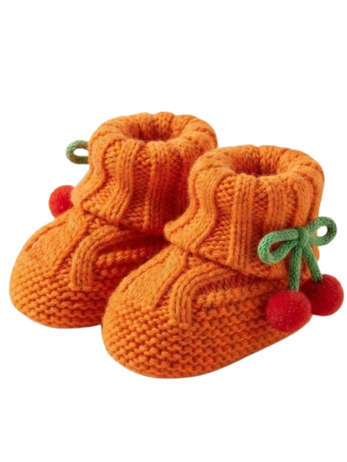 Cdeck Baby Wool Booties with Cherry Pom-Pom Design | Soft Knitted Baby Shoes | Cute Orange Booties for Babies 0–9 Months