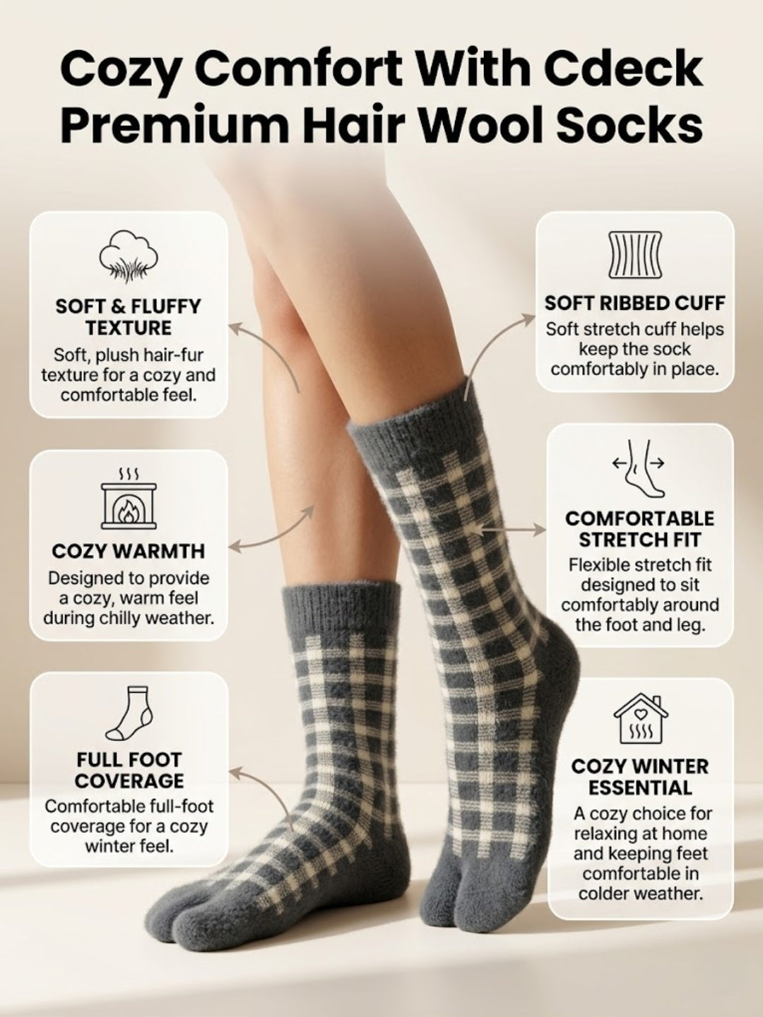 Cdeck Women’s Premium Rabbit Hair Wool Split-Toe Warm Winter Socks | Free Size | Grey & White