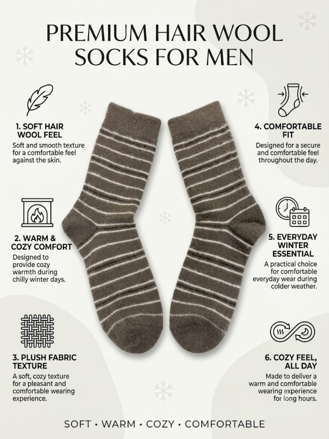 Cdeck Men’s Hair Wool Winter Socks Combo | 4 Pairs | Soft, Warm & Comfortable | Brown & Grey Striped