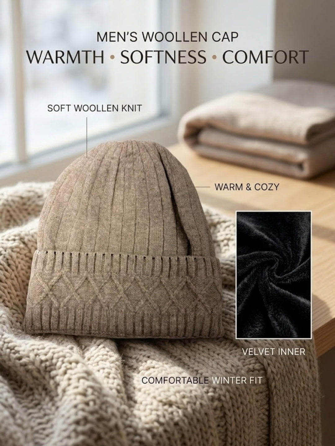 Cdeck Men’s Woolen Winter Cap | Soft, Warm & Comfortable Cap for Everyday Wear | Free Size |  Brown