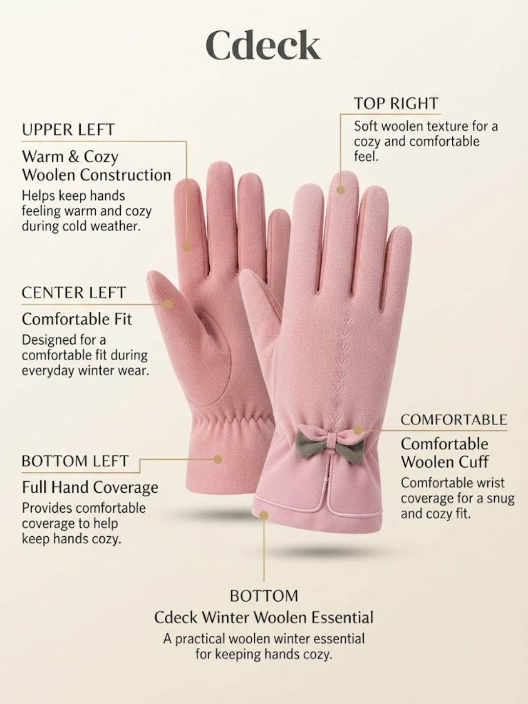 Cdeck Women’s Woolen Gloves | Warm & Stylish Winter Gloves | Screen Friendly | Full Finger | Free Size | Pink