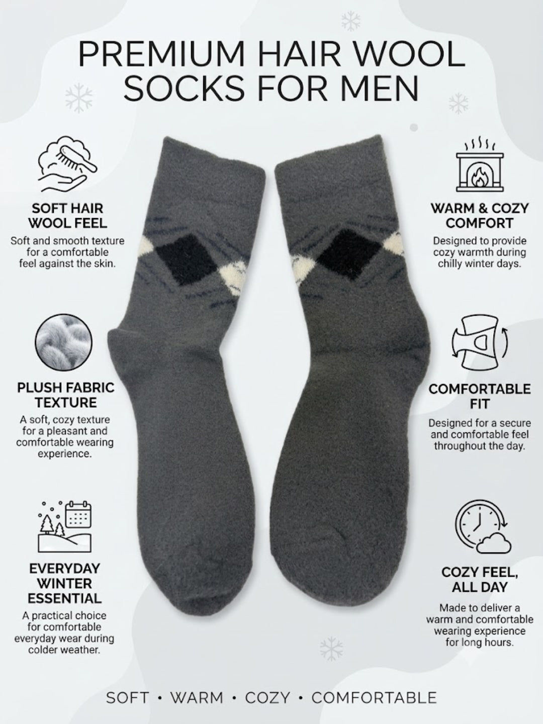 Cdeck Men’s Premium Hair Wool Winter Socks  | Soft, Fuzzy, Warm & Comfortable | Dark Grey| Free Size