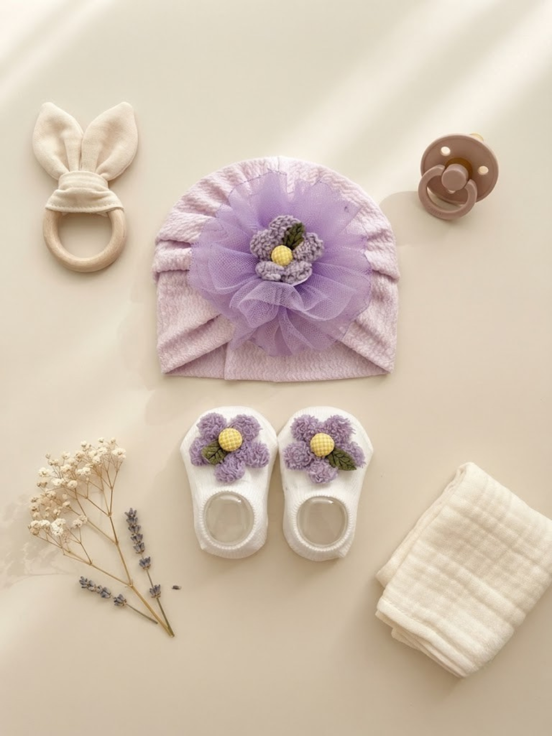 Cdeck Pure Cotton Socks and Cap Set for Baby | Soft Floral Design | Comfortable & Cute