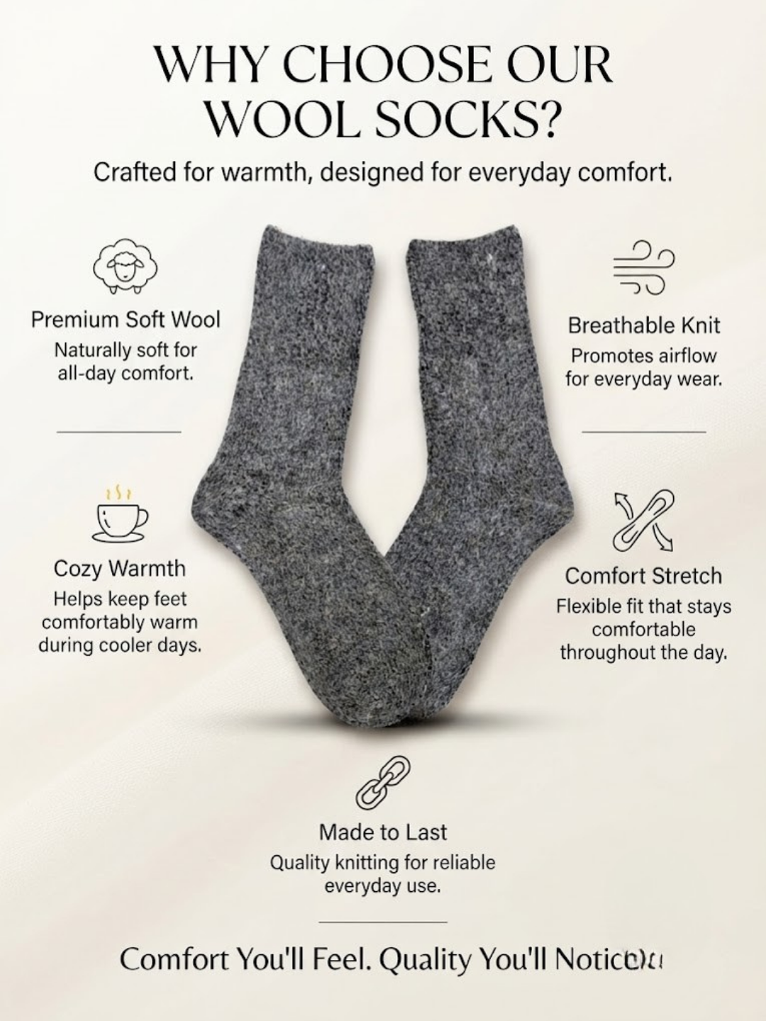 Cdeck Women’s Soft Wool Socks | Warm & Cozy Grey Socks