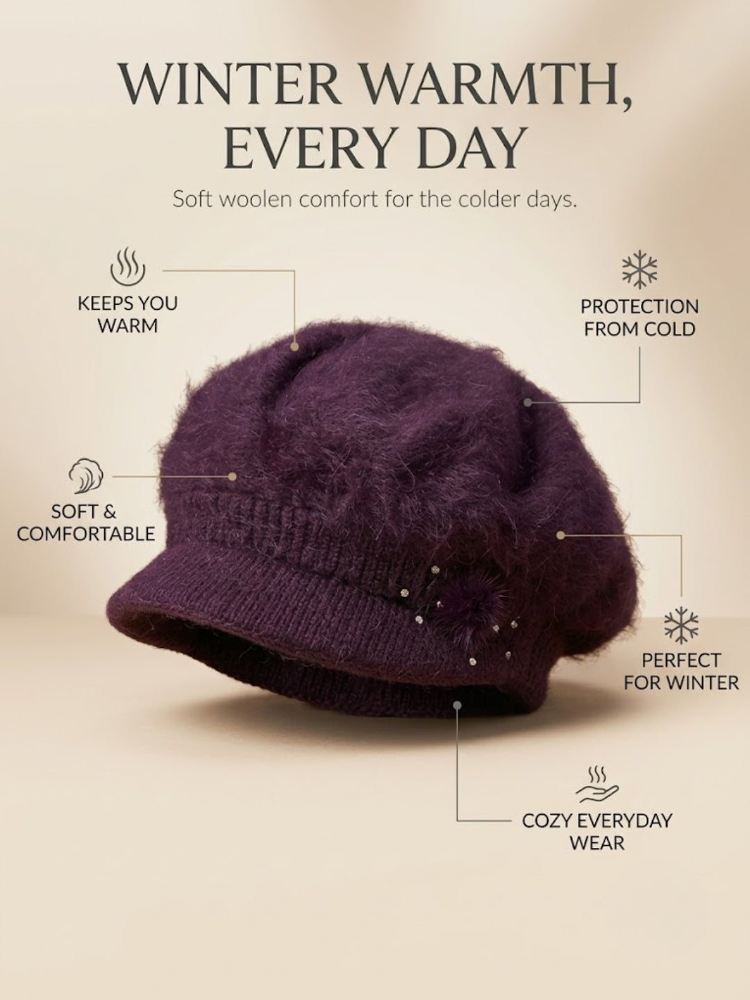 Cdeck Women Woolen Cap | Soft Knitted Winter Beanie for Women | Warm & Stylish Winter Wear | Free Size | Purple