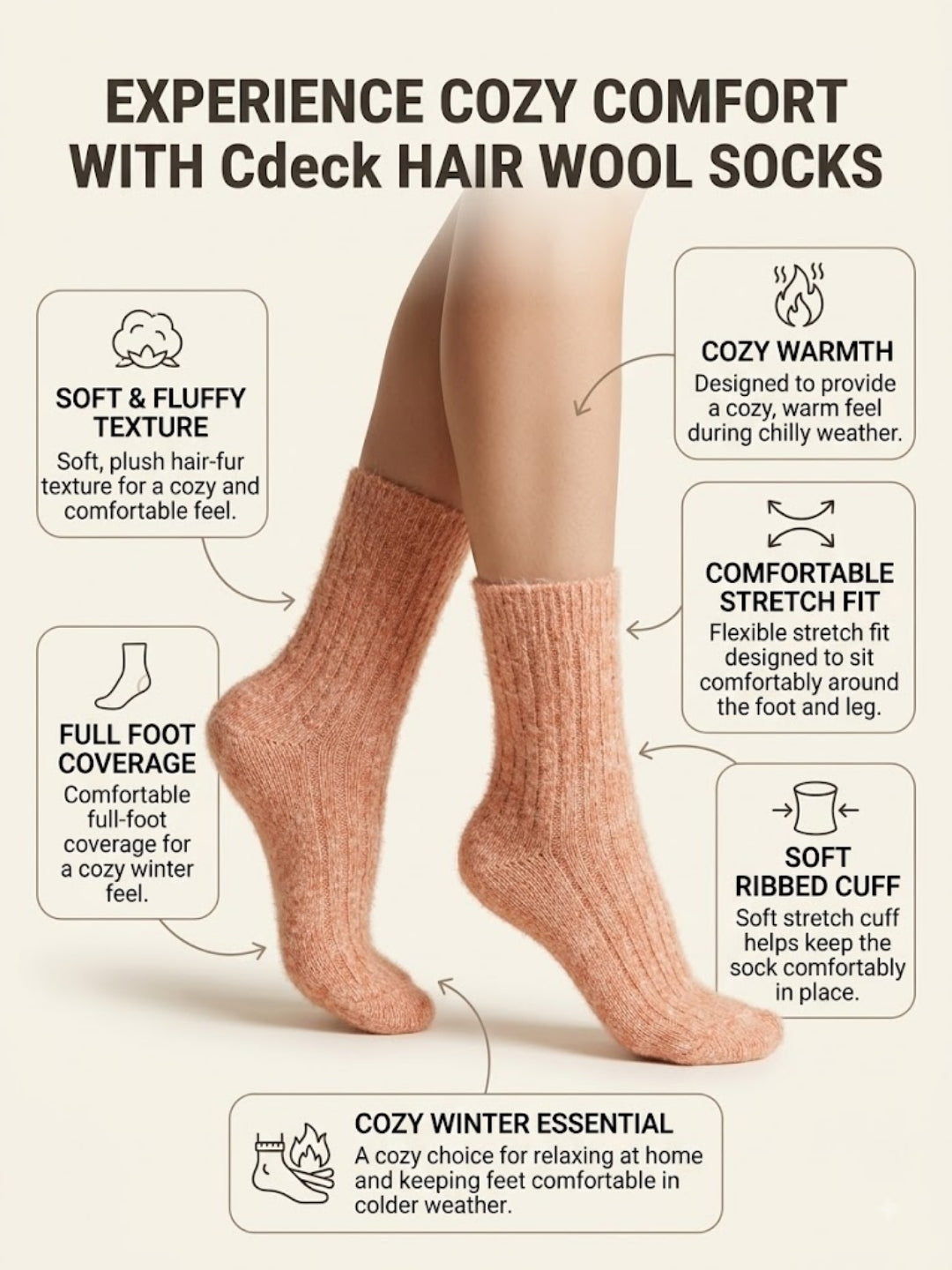 Cdeck Women’s Premium Fuzzy Socks – Soft Warm Winter Socks | Ribbed Design | Free Size | Peach
