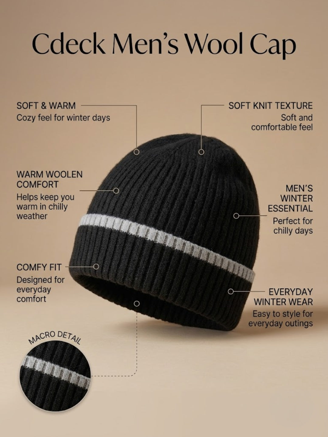 Cdeck Men’s Winter Woolen Cap | Ribbed Knit Beanie | Free Size | Soft & Warm | Black