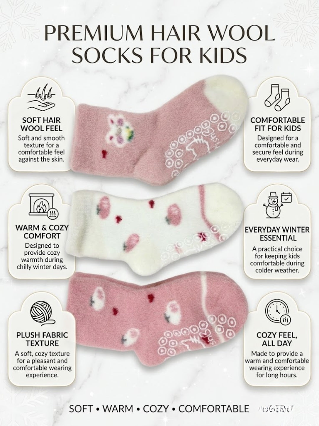 Cdeck Kids Premium Hair Wool Socks | Soft & Warm Winter Socks for Boys & Girls | 3 Pack | 0–4 Years | Multicolor