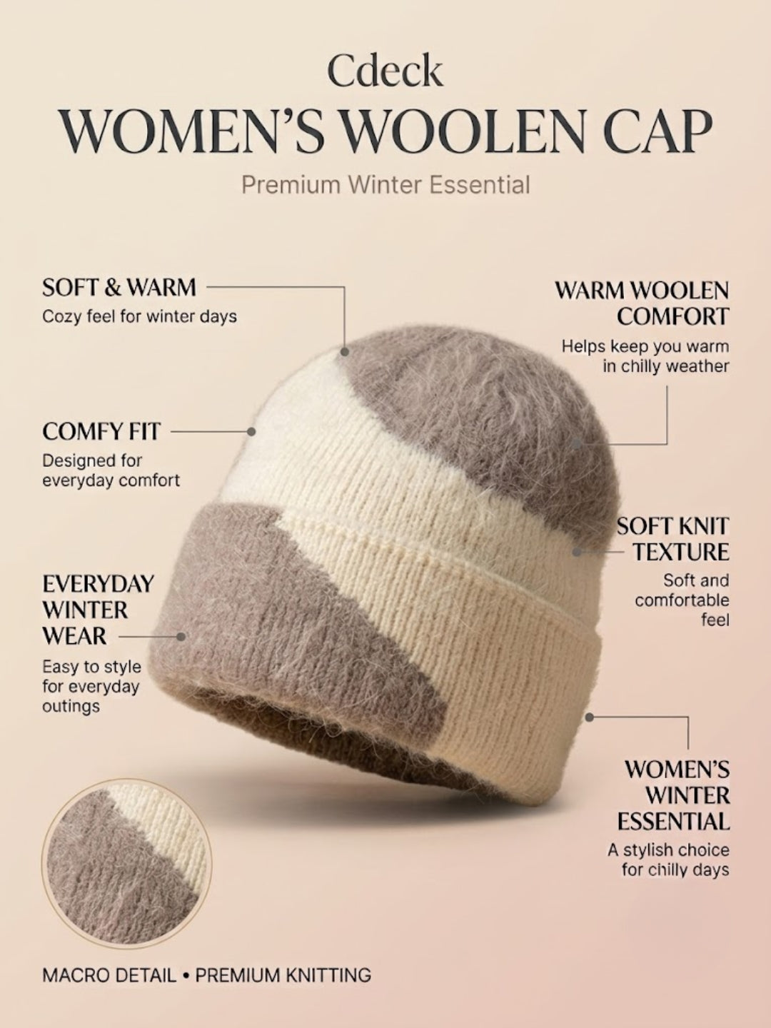 Cdeck Women Woolen Cap | Soft Knitted Winter Beanie for Women | Warm & Stylish Winter Wear | Free Size