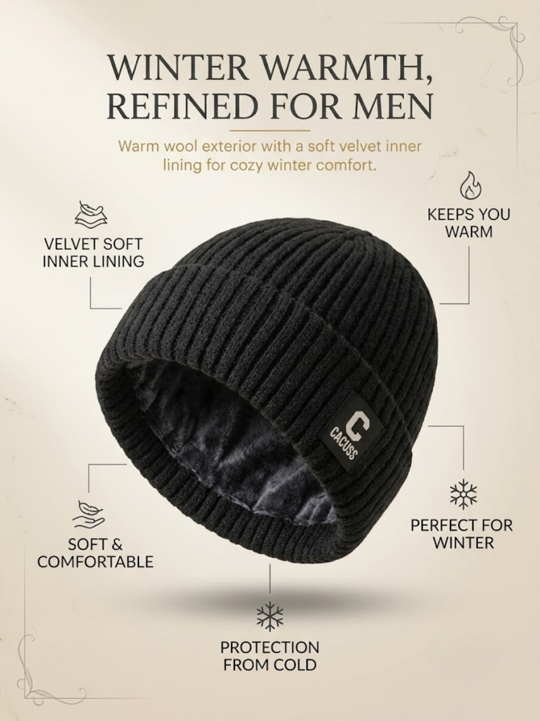 Cdeck Men’s Woolen Winter Cap | Ribbed Knitted Beanie | Free Size | Warm & Comfortable | Black