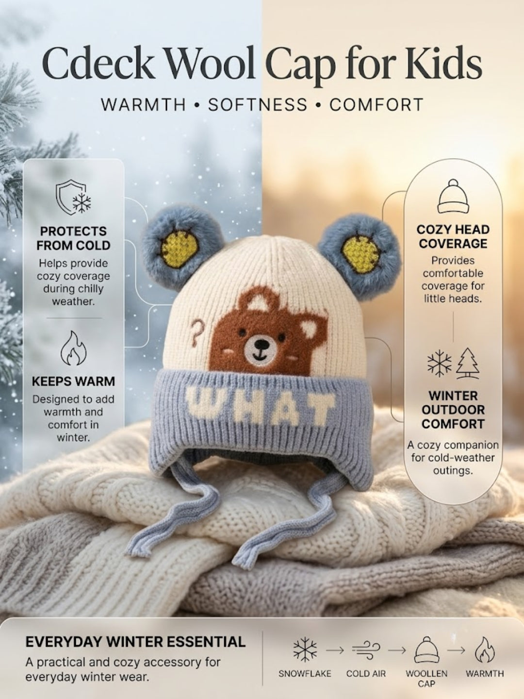 Cdeck Kids Woolen Winter Cap for Boys & Girls | Warm & Comfortable Winter Wear | 2–4 Years | Blue