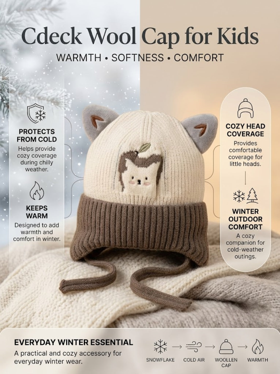 Cdeck Kids Woolen Winter Cap for Boys & Girls | Warm & Comfortable Winter Wear | 2–4 Years | Brown