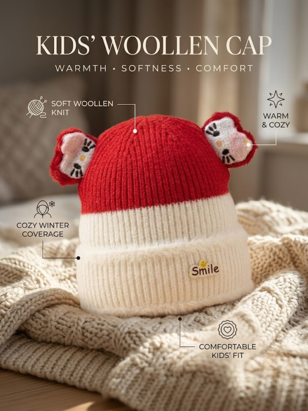 Cdeck Kids Woolen Winter Cap for Boys & Girls | Warm & Comfortable Winter Wear | 2–4 Years |Red