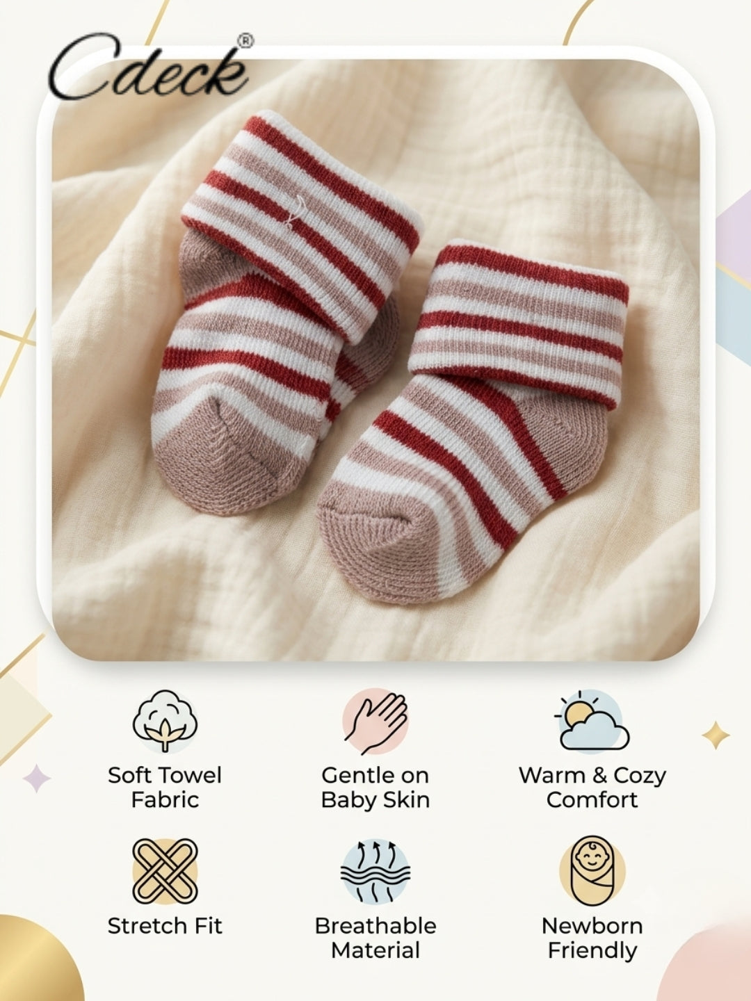Cdeck Newborn Baby Towel Cotton Soft Stretch Socks | Soft, Comfortable & Absorbent | 0–12 Months