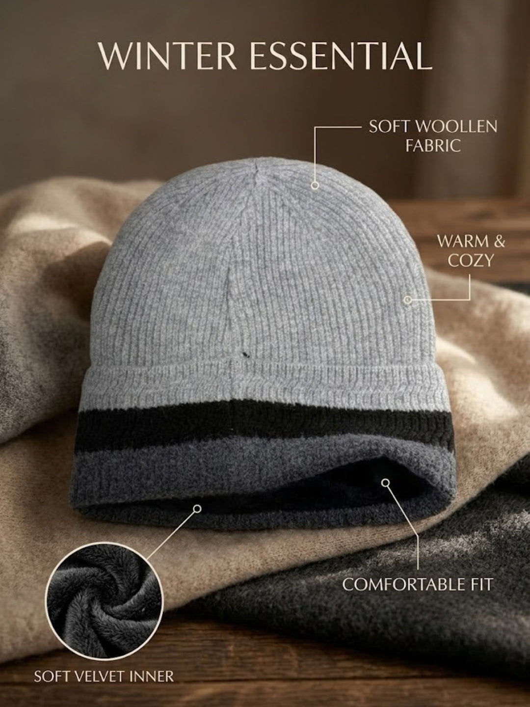 Cdeck Men’s Woolen Winter Cap | Soft, Warm & Comfortable Cap for Everyday Wear | Free Size | Grey
