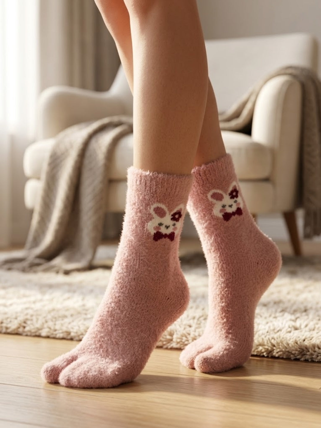 Cdeck Women’s Premium Soft Fuzzy Bear Design Warm Winter Split-Toe Socks for Women | Free Size | Pink